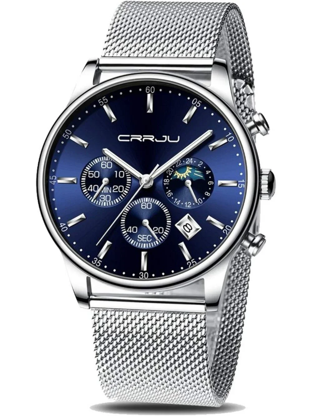 Mens Silver And Blue Chronograph Waterproof Steel Quartz Mesh Strap Casual Watch